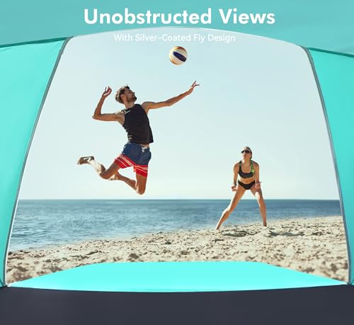 Beach Tent, Portable Sun Shelter for 2/3/4/6-8 Person with UPF 50+ UV Protection, Easy Setup Waterproof Beach Shade Canopy Cabana for Family Outdoor and Picnics, Fishing with Carrying Bag - color: Turquoise Ocean, size: Spacious 4-Person