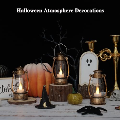 12PCS Bronze Mini Lanterns with Remote Control, 5.1" H/13cm Small Vintage Western Lanterns for Christmas Table Centerpieces, Halloween/Camping Party Decorations, Indoor Hanging & Table - color: Bronze