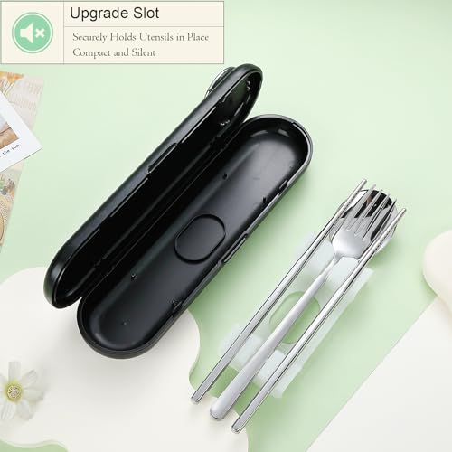 DEVICO Travel Utensils with Case Cute, Reusable Silverware for Lunch, Portable Cutlery Set, 18/8 Stainless Steel Fork Spoon Chopsticks in Cartoon Case, Dishwasher Safe (Black) - color: Black