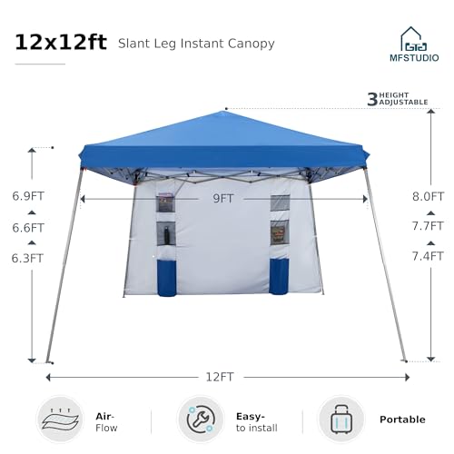 MFSTUDIO 12x12 Pop up Canopy Tent, Gazebo Shelter Sun Shade Canopies Patio Portable Popup Tents Easy Setup Waterproof with 9x9ft Top, 1 Sidewall, for Beach,Parties,Picnics - color: Blue-1 wall, size: 12x12ft