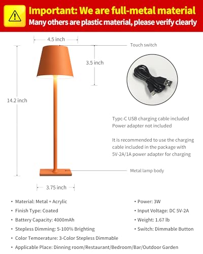 KDG 2 Pack Cordless Table Lamp,Portable LED Desk Lamp, 4000mAh Battery Operated, 3 Color Stepless Dimming Up, for Restaurant/Bedroom/Bars/Outdoor Party/Camping/Coffee Shop Night Light(Orange) - color: Orange-2