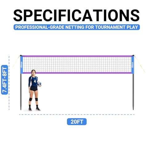 SPOYNAL Portable Volleyball Net for Backyard & Beach - 20FT/32FT Outdoor Volleyball Set with Adjustable Height (8ft/7.8ft/7.4ft), Boundary Line, Volleyball, Pump & Carry Bag - style: 20FT-Purple