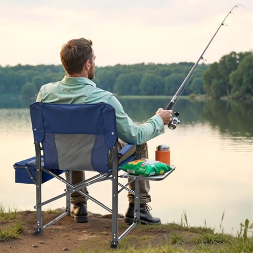 Fenbeli Oversized Folding Director Chair with Side Table and Cooler Bag - Portable Camping Chair with Cup Holder, Padded Armrests, 400LBS Capacity for Outdoor Camping, Lawn, Picnic (Blue) - color: Blue