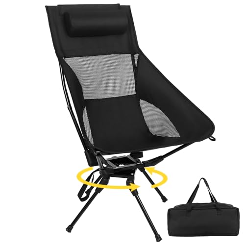 Swivel Portable Camping Chair, High Back Folding Chair with Detachable Pillow, Compact Lightweight Backpacking Chair for Outdoor, Travel, Beach, Hiking, Support 330 LBS, 1 Pack Black
