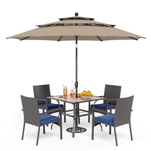 PHI VILLA 5 Piece Outdoor Dining Set with Umbrella for 4, 37" Square Metal Wood-top Dining Table & Wicker Rattan Chairs with Cushions & 10ft Beige Umbrella for Patio, Deck, Backyard, Porch - color: Beige, size: 5PCS 37" Wood-top Table