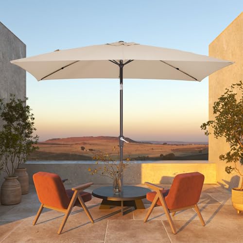 JEAREY 6.5x10 ft Rectangular Patio Umbrellas Rectangle Outdoor Umbrella with Push Button Tilt and Crank, Market Table Umbrella 6 Sturdy Ribs UV Protection for Poolside Garden Backyard Deck, Beige - color: Beige, size: 6.5x10ft