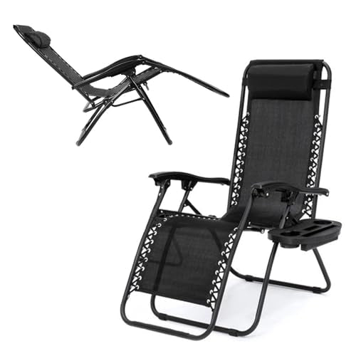 Zero Gravity Lounge Chair Adjustable Outdoor Reclining Chair Folding Patio Anti-Gravity Indoor Outdoor Lounge Chair w/Pillow, Cup Holder (One Chair - Black) - color: One Chair - Black