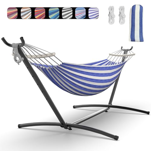 EveryFun Double Hammock with Heavy-Duty Steel Stand,Portable,Easy Assembly,600lbs Weight Capacity,Perfect for Indoor,Yard,Camping,or Outdoor-BlueWhite - color: Dc-bluewhite