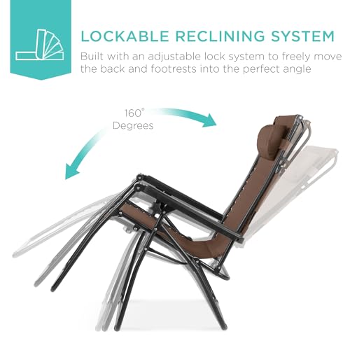 Best Choice Products Folding Zero Gravity Outdoor Recliner Patio Lounge Chair w/Adjustable Canopy Shade, Headrest, Side Accessory Tray, Textilene Mesh - Brown - color: Brown, size: Standard