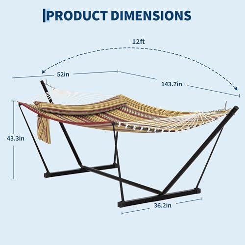 2 Person Double Hammock with Stand & Pillow, 450 LBS Heavy Duty Outdoor Hammock with Balance Rope for Patio Backyard Poolside