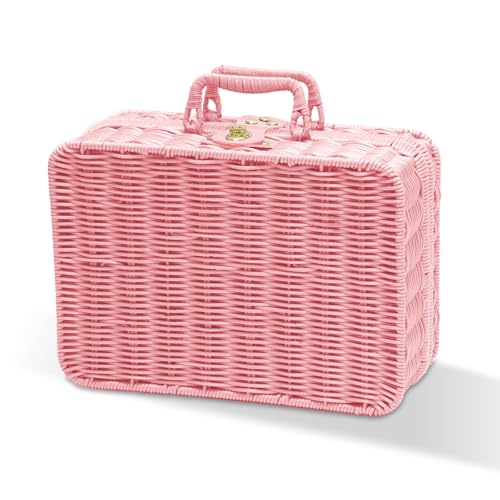 Mini Wicker Picnic Basket, Decorative Prop Suitcase Vintage Storage Hamper Makeup Organizer, 11.5" Metal Lock Rattan Storage Box with Handles for Sundries Travel Camping and Outdoor Party (Pink, L) - color: Pink, size: Large
