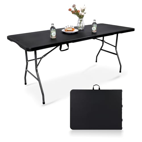 pollilar Folding Table 6FT HDPE 6 Foot Foldable Table Portable Banquet Surface Fold-in-Half Desk Utility for Working Meeting Parties, Picnic, Camping, Weddings, Catering, Garden Dining-Black - color: Black