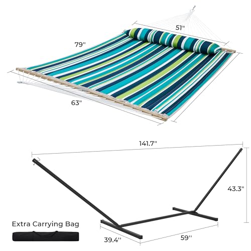 SUPERJARE Hammock with Stand, 2 Person Quilted Outdoor Hammock, Detachable Pillow & Bamboo Spreaders, Portable Hammock with Carrying Bag, Heavy Duty Stand, Perfect for Outside, Patio, Dark Cyan - color: Dark Cyan, size: 62.9"W × 78.7''D × 43.3''H