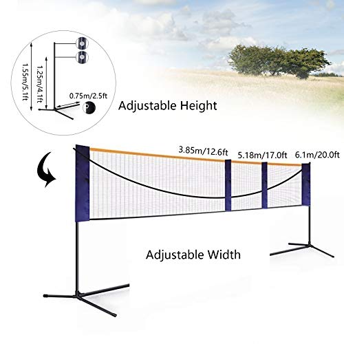 20FT Badminton Net,Portable Tennis Net,Adjustable Height Badminton Net with Stand,Volleyball Training Court Sports Tool with Carry Bag,Easy Setup for Indoor and Outdoor Play