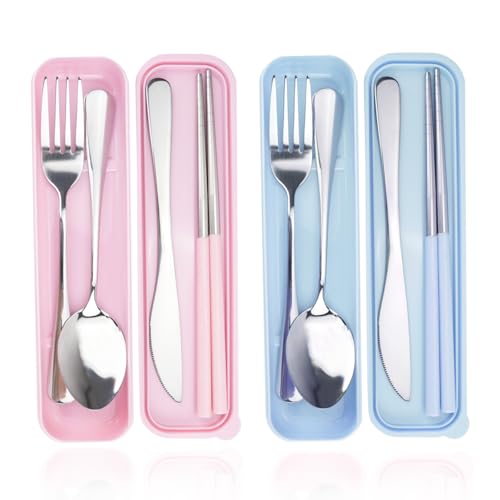 JEPELUS 2 Pcs Travel Utensils with Case, Reusable Lunch Box Silverware Set, Stainless Steel Portable Cutlery Set Fork Spoon Knife Chopsticks Flatware for Work Camping Office School Picnic Adult Kid