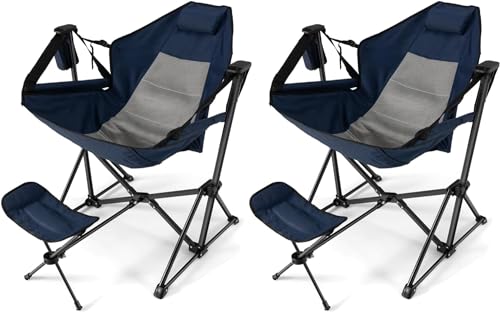 HAPPYGRILL 2-Pack Hammock Camping Chair, Outdoor Folding Swinging Chair with Retractable Footrest, Head Pillow, Carrying Bag Included, Portable Lightweight Rocking Chair for Camping Fishing Picnic - color: Navy 2 Pack