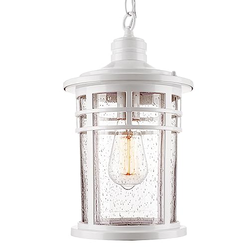 Darkaway Large Outdoor Pendant Lights for Porch, 15inch Outdoor Chandelier Hanging Porch Lights Ceiling Mount Aluminum with Seeded Glass for Front Porch Gazebo Patio (Large, White) - color: White, size: Large Size