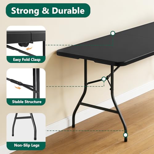 Folding Table 6FT Heavy Duty Plastic Table with Handle, Foldable&Portable, Fold-in-Half Utility Tables for Outdoor, Dining, Wedding, Events, Indoor, Picnic, Camping, Party, Black - color: Black, size: 6FT