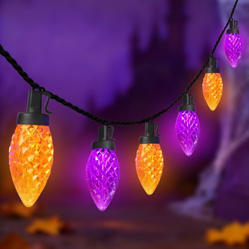 Halloween C9 String Lights Outdoor, 26.4Ft C9 Halloween Decorations Lights with 50 LED Orange and Purple Lights Waterproof, Hanging Plug in Lights String for Outside Holiday Party Patio Yard Decor - color: Strawberry Orange Purple