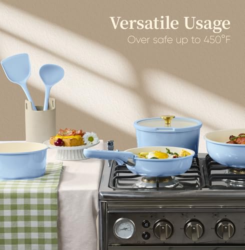 CAROTE 15Pcs Ceramic Cookware Set, Pots and Pans Set Non Stick, Kitchen Cooking Set with Detachable Handle, Non Toxic Induction Cookware, Dishwasher/Oven Safe - color: Light Blue