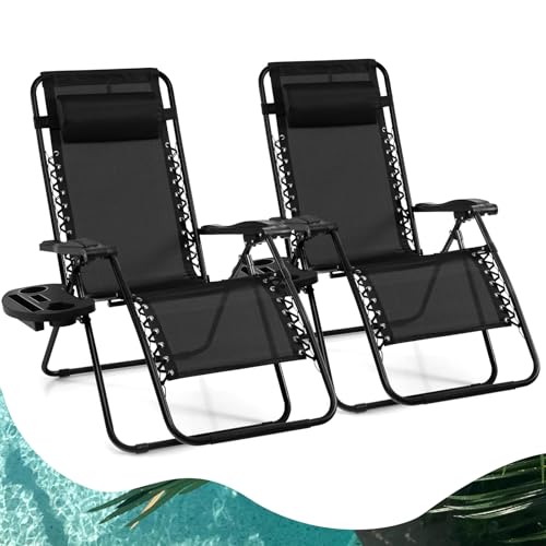 Goplus Zero Gravity Lounge Chairs, 160°Adjustable Folding Recliner w/Pillow and Cup Holder, 350LBS Comfy Outdoor Lounge Chairs for Patio, Lawn, Yard & Camp(Set of 2, Black) - color: Black, size: 35.4" x 25.2" x 43.3" (Set of 2)