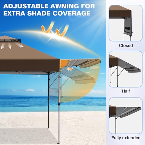 EAGLE PEAK 17x10 Pop up Gazebo Canopy Tent Outdoor Instant Canopy Shelter with Adjustable Dual Half Awnings (Brown) - color: Brown