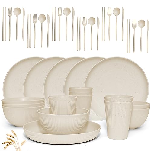 Wheat Straw Dinnerware Sets -DAPIPIK 42 Piece Unbreakable Dinnerware Sets for 6, Kitchen Plates and Bowls Set, Lightweight Camping Plates Cups and Bowls Set.Dishwasher Microwave Safe Dinnerware - color: Beige