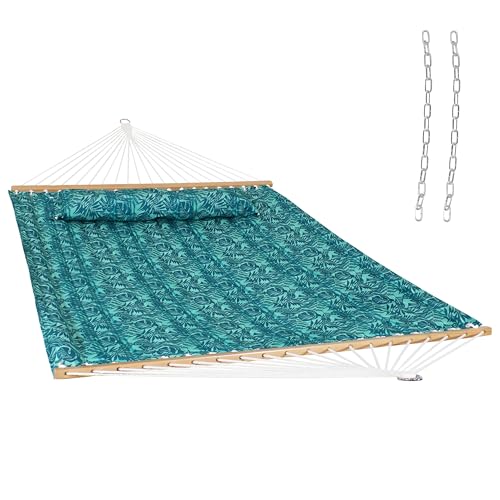 Sunnydaze Quilted Double Hammock for Outside with Spreader Bars and Pillow - 450 lb Capacity, 74x55 Inch Bed, UV Resistant, Quick Dry - Chains Included, Stand Sold Separately - Cool Blue Tropics - color: Cool Blue Tropics