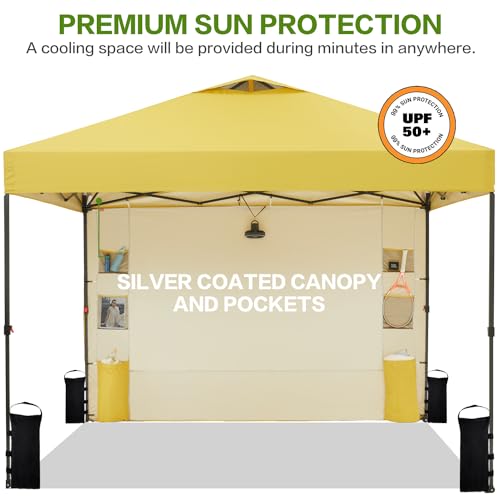 Tunbne 10'x10' Pop Up Canopy Tent with 1 Sidewall and 6 Pockets, One Push Setup, Instant Shade Tent with Vented Roof for Beach Patio Outdoor, Case, 8 Stakes, 4 Ropes, 4 Sandbags (Yellow, 10x10) - color: Yellow, size: 10x10
