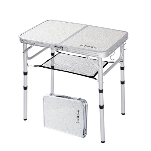 YUFIFAIRY Small Folding Camping Table, 2ft Portable Table with 3 Adjustable Heights, Aluminum Lightweight Foldable Picnic Table with Mesh Layer and Extension Legs for RV, BBQ and Indoor (Silver) - color: Silver