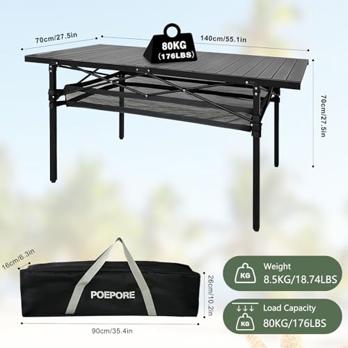 Large Folding Camping Table Aluminum with Storage for 4-6 People 55"X27.5" Roll Up Tall Outdoor Portable Table Lightweight with Carry Bag for Picnic BBQ Backyard Beach - color: Black-55*27.5-2.08in Panel