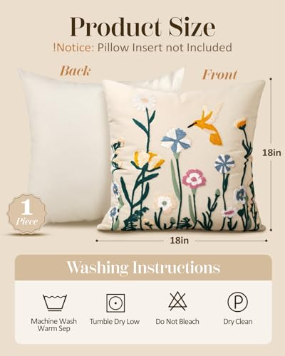 Embroidered Throw Pillow Cover 18x18 Inch - Spring Summer Boho Decorative Pillow Cover with Zipper for Living Room Couch Sofa Bed Aesthetic Design Flower Bird Cushion Pillowcase - color: Flower Bird, size: 18" x 18" (Pack of 1)