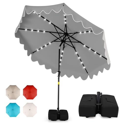 Tangkula 9 FT Solar Patio Umbrella with Base Included, 2-Tiers Outdoor Scalloped Table Umbrella with 32 LED Lights, 2 Sandbags, Tilt Adjustment, Crank, 8 Ribs for Market Backyard Pool Deck Beach Lawn - color: Gray, size: 9 FT