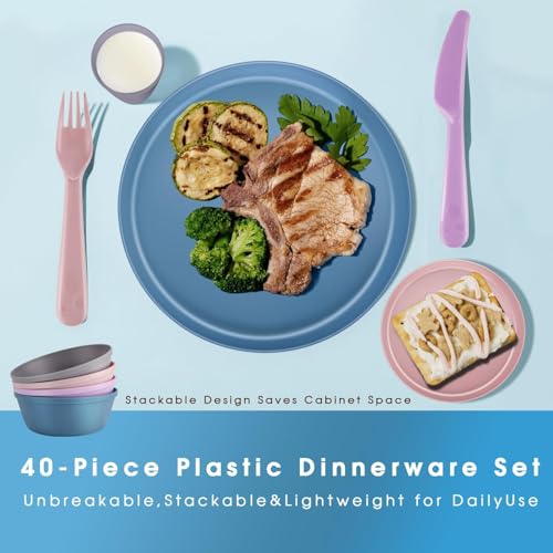 40 Piece Plastic Dinnerware Set for 8 with Cutlery, Unbreakable Plates and Bowls Set, Dishwasher & Microwave Safe Reusable Dish Set for Camping, RV, Outdoor Kitchen, Apartment Dining,Pastel Multicolo - color: Pastel