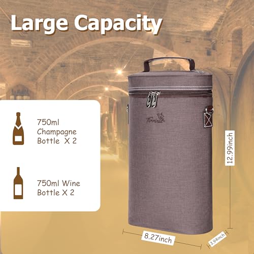 Tirrinia 2 Bottle Wine Gift Tote Carrier - Leakproof & Insulated Padded Versatile Wine Cooler Bag for Travel, BYOB Restaurant, Party, Dinner, Gift for Wine Lovers, Brown - color: Brown, size: 2 Bottle-without front pocket