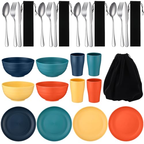 Teenyyou 4 Sets Camping Mess Kits for 4 Person Camping Silverware Set Include Cup, Bowl, Plate, Knife, Spoon, Fork Cutlery Set Unbreakable Wheat Straw Dinnerware Utensils for Travel - color: Bright Color