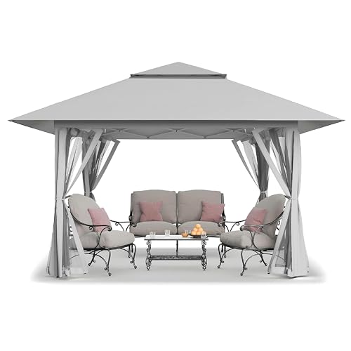 CROWN SHADES 11X11 Outdoor Pop Up Gazebo Base 10X10 Patio Gazebos Patented Center Lock Quick Setup Newly Designed Storage Bag Instant Canopy Tent with Mosquito Nettings (11x11, Gray) - color: Gray, size: 11x11
