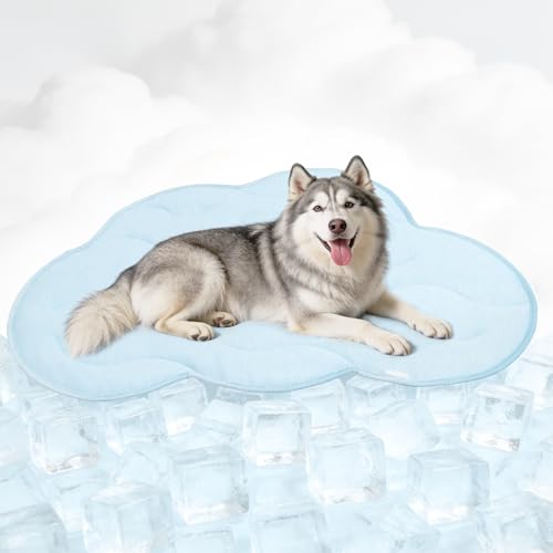BECEMURU Dog Cooling Mat, Thickened Soft Pet Cooling Pad for Summer, 55"x37" Could-Shape Pet Bed for Crate Kennel Sofa, Non-Gel Coolness, Machine Washable & Durable - Keep Pet Cool and Comfortable - color: Blue Cloud-Shape, size: XL: 55" L x 37" W x 0.8"T