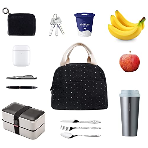 EurCross Upgraded Compact Black Lunch Bag for Girls Women,Canvas Reusable Insulated Polka Dot Lunch Tote Box Bag for Work School - color: Black Polka Dot