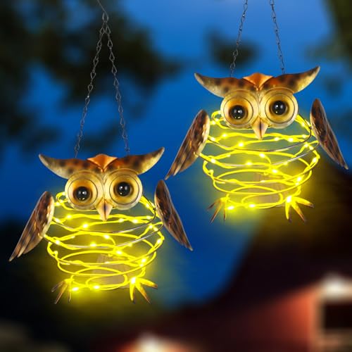 2 Pack Owl Solar Lights Outdoor Hanging Lantern with Handle, Solar Powered Owl Garden Decor for Outside Patio Yard Porch Pathway Owl Gifts for Women (Warm White LED Lights) - color: Brown-Owl