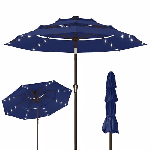 Kingdura 9ft 3-Tier Patio Umbrella with Solar Lights, Table Umbrella Outdoor Patio with Easy Crank & Tilt, 8 Sturdy Ribs, UV Protection, 32 LED Lights for Deck, Poolside, Market (Navy blue) - color: Blue-LED, size: 9 FT
