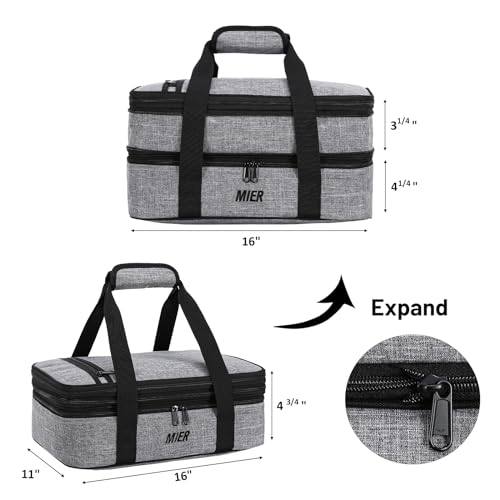 MIER Insulated Double Casserole Carrier Thermal Lunch Tote for Potluck Parties, Picnic, Beach, Fits 9 x 13 Inches Casserole Dish, Expandable by Mid Zipper, Gray - color: Gray