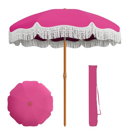 AreShark 7ft Patio Umbrella with Fringe, UPF50+ Beach Umbrella for Table, Pool & Garden, Portable Outdoor Tassels Umbrella w/Fiberglass Ribs&Push Bottom Tilt(Light Pink) - color: Light Pink, size: 7FT