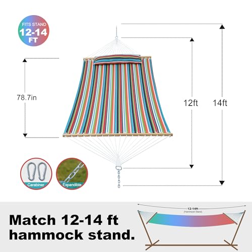 GAFETE Hammock 2 Person Quilted Fabric Hammocks for Outside, Double 12ft Hammocks with Spreader Bar, Large Removable Pillow, Storage Bag, Carabiners, Max 475 lbs Capacity (Tropical) - color: Tropical