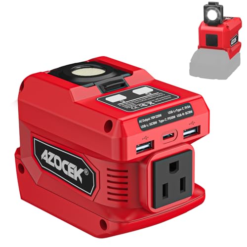 220W Azocek Power Inverter Compatible with Milwaukee 18V Battery, DC 18V to AC 110V Portable Power Station with 1 AC Outlet, 2 USB Ports & 1 Type-C Fast Charging, 400LM LED Work Light - color: Red, size: 1-PACK