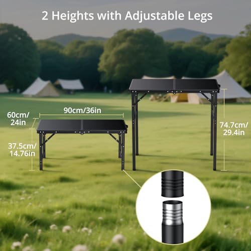 Anbte 3ft Camping Table Foldable with Storage Net, 3 Heights Max 29.5" Aluminum Camping Table with Portable Handle, Lightweight, for Travel Outdoor Beach Picnic Patio Indoor, 36" x 24", Pure Black - size: 36"l X 24"w X 29.5h"