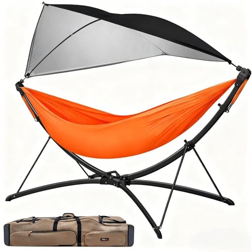 Portable Outdoor Hammock with Quick-Fold Stand,Adjustable Sunshade,Waterproof & UV-Resistant,Heavy-Duty 550lb Capacity,Travel 2-Person Hammock with Storage Bag for Camping,Backyard,Beach,Patio,Indoor - color: Orange