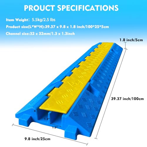Bright Blue Rubber Cable Protector Ramp Cord Hose Wire Ramp 2 Channel Driveway Cable Protector Sidewalk Hose Cover Heavy Duty 11000lbs Capacity Traffic Speed Bumpes Indoor Outdoor