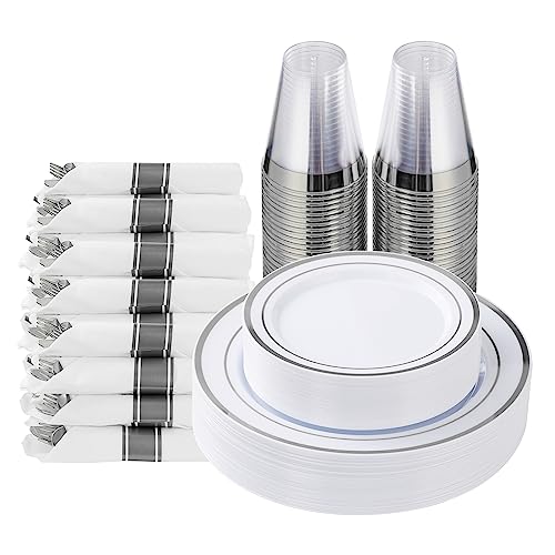 Goodluck 175 Piece Silver Plastic Dinnerware Set for 25 Guests, Fancy Disposable Plates for Party, Include: 25 Dinner Plates, 25 Dessert Plates, 25 Pre Rolled Napkins with Silver Silverware, 25 Cups - color: Silver, style: 175 Piece (25 guests)