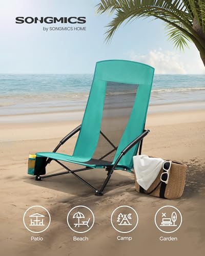 SONGMICS Portable Beach Chair for Adults, Max. Load 330 lb, High Backrest, Cup Holder, Lightweight, Heavy-Duty, Green UGCB061C01 - color: Green, style: 1 Pack